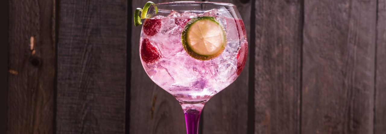 Pink Tonic Gin With Raspberries, Wooden Background