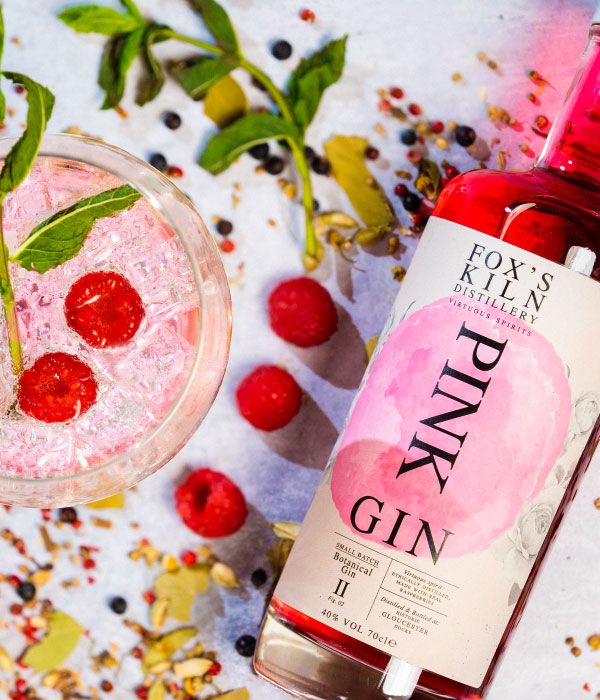 Fox's Kiln Pink Gin view from above with bottle and perfect serve
