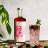 Fox's Kiln Pink Gin cocktail with bottle, botanicals and plants